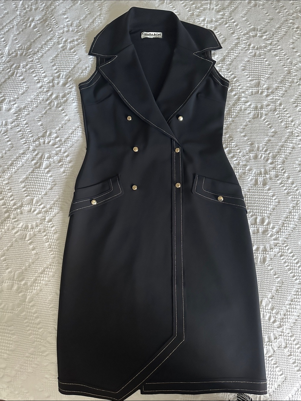 Chiara Boni Black Sleeveless Double-Breasted Sheath Dress with gold Topstitch